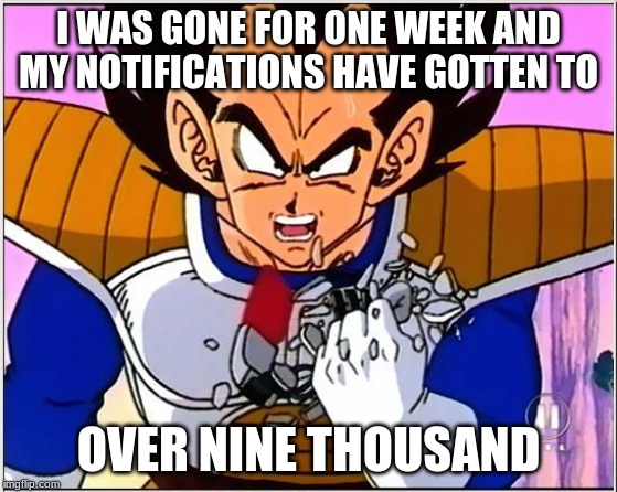 Vegeta over 9000 | I WAS GONE FOR ONE WEEK AND MY NOTIFICATIONS HAVE GOTTEN TO OVER NINE THOUSAND | image tagged in vegeta over 9000 | made w/ Imgflip meme maker