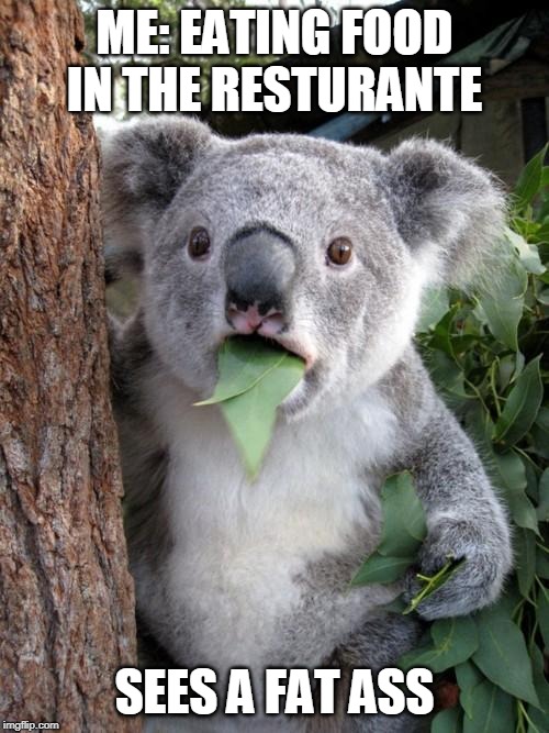 Surprised Koala Meme | ME: EATING FOOD IN THE RESTURANTE; SEES A FAT ASS | image tagged in memes,surprised koala | made w/ Imgflip meme maker