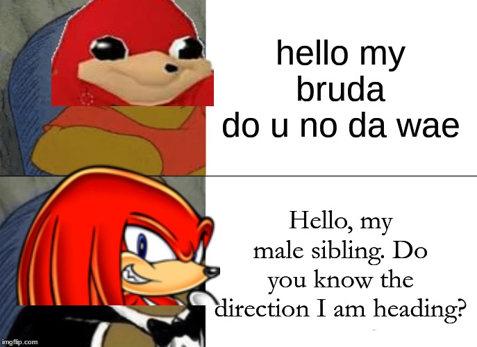oh yeah i brought back a dead meme. | hello my bruda
do u no da wae; Hello, my male sibling. Do you know the direction I am heading? | image tagged in memes,tuxedo winnie the pooh,ugandan knuckles,knuckles | made w/ Imgflip meme maker