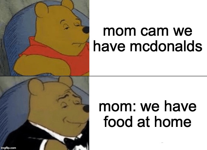 Tuxedo Winnie The Pooh | mom cam we have mcdonalds; mom: we have food at home | image tagged in memes,tuxedo winnie the pooh | made w/ Imgflip meme maker