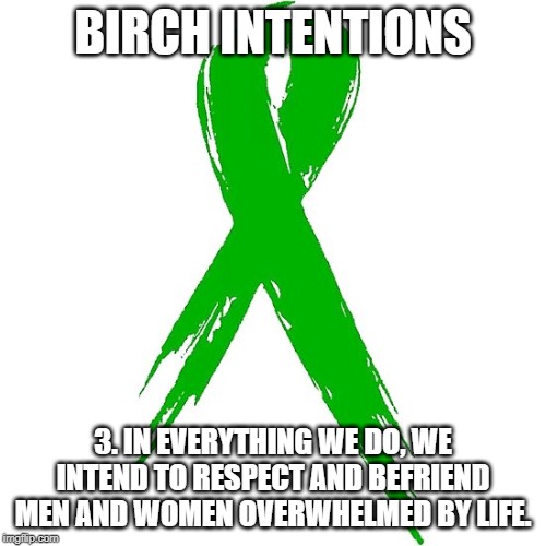 BIRCH INTENTIONS; 3. IN EVERYTHING WE DO, WE INTEND TO RESPECT AND BEFRIEND MEN AND WOMEN OVERWHELMED BY LIFE. | image tagged in birch intentions | made w/ Imgflip meme maker