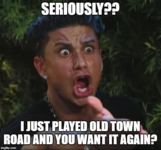 DJ Pauly D Meme | SERIOUSLY?? I JUST PLAYED OLD TOWN ROAD AND YOU WANT IT AGAIN? | image tagged in memes,dj pauly d | made w/ Imgflip meme maker