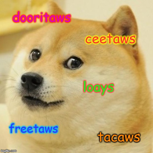 Doge Meme | dooritaws; ceetaws; loays; freetaws; tacaws | image tagged in memes,doge | made w/ Imgflip meme maker