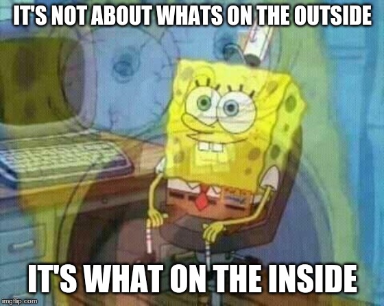 SpongeBob Panic Inside | IT'S NOT ABOUT WHATS ON THE OUTSIDE; IT'S WHAT ON THE INSIDE | image tagged in spongebob panic inside | made w/ Imgflip meme maker