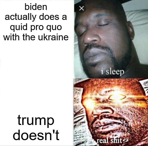 The left and its media cohorts. | biden actually does a quid pro quo with the ukraine; trump doesn't | image tagged in memes,sleeping shaq,ukraine,quid pro quo | made w/ Imgflip meme maker