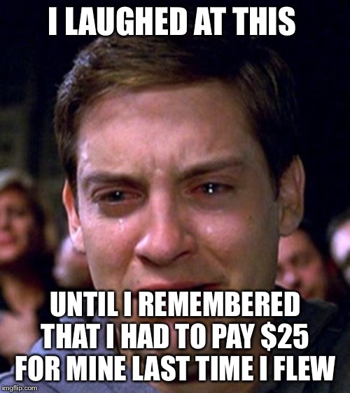 crying peter parker | I LAUGHED AT THIS UNTIL I REMEMBERED THAT I HAD TO PAY $25 FOR MINE LAST TIME I FLEW | image tagged in crying peter parker | made w/ Imgflip meme maker