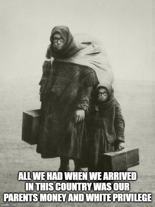 Libertarian Immigrants | ALL WE HAD WHEN WE ARRIVED IN THIS COUNTRY WAS OUR PARENTS MONEY AND WHITE PRIVILEGE | image tagged in libertarian immigrants | made w/ Imgflip meme maker