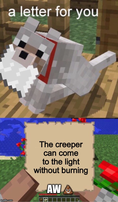 Minecraft Mail | AW ? The creeper can come to the light without burning | image tagged in minecraft mail | made w/ Imgflip meme maker