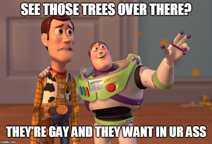 The Trees Are Alive! | SEE THOSE TREES OVER THERE? THEY'RE GAY AND THEY WANT IN UR ASS | image tagged in memes,x x everywhere,trees,happy little trees,gay,dat ass | made w/ Imgflip meme maker