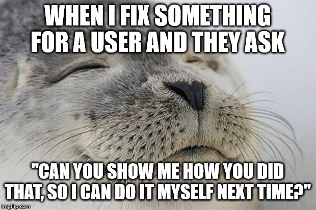 Satisfied Seal Meme | WHEN I FIX SOMETHING FOR A USER AND THEY ASK; "CAN YOU SHOW ME HOW YOU DID THAT, SO I CAN DO IT MYSELF NEXT TIME?" | image tagged in memes,satisfied seal,AdviceAnimals | made w/ Imgflip meme maker