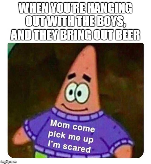 Seems like scary shit might go down! | WHEN YOU'RE HANGING OUT WITH THE BOYS, AND THEY BRING OUT BEER | image tagged in patrick mom come pick me up i'm scared,memes,friends,alcohol,party,me and the boys | made w/ Imgflip meme maker