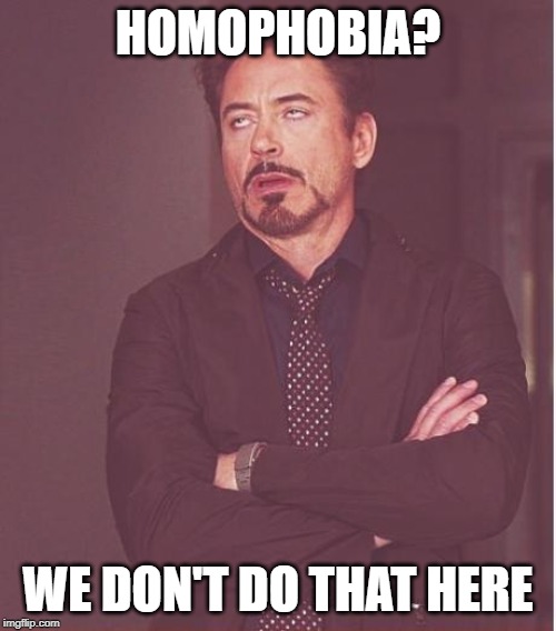 Face You Make Robert Downey Jr Meme | HOMOPHOBIA? WE DON'T DO THAT HERE | image tagged in memes,face you make robert downey jr,funny,first world problems | made w/ Imgflip meme maker