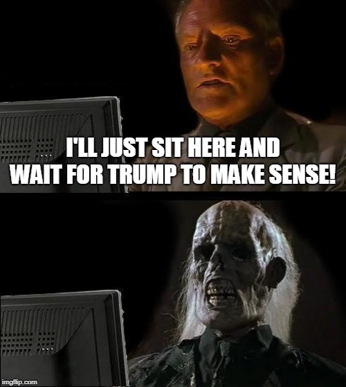 He'll never make sense! | I'LL JUST SIT HERE AND WAIT FOR TRUMP TO MAKE SENSE! | image tagged in memes,ill just wait here,trump | made w/ Imgflip meme maker