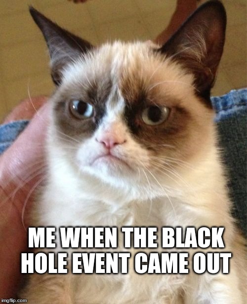 Grumpy Cat Meme | ME WHEN THE BLACK HOLE EVENT CAME OUT | image tagged in memes,grumpy cat | made w/ Imgflip meme maker