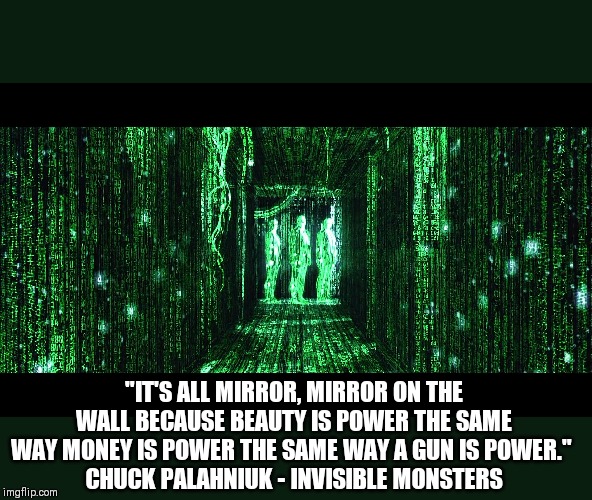 "IT'S ALL MIRROR, MIRROR ON THE WALL BECAUSE BEAUTY IS POWER THE SAME WAY MONEY IS POWER THE SAME WAY A GUN IS POWER." 
CHUCK PALAHNIUK - IN | made w/ Imgflip meme maker