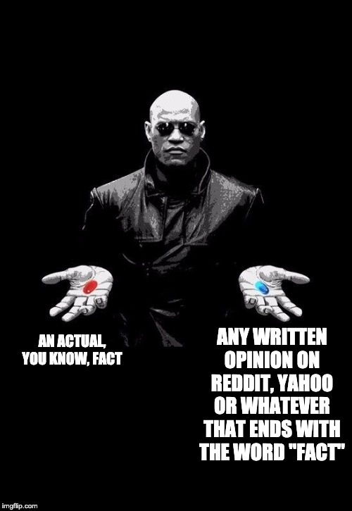 Morpheus Matrix Taller | ANY WRITTEN OPINION ON REDDIT, YAHOO OR WHATEVER THAT ENDS WITH THE WORD "FACT"; AN ACTUAL, YOU KNOW, FACT | image tagged in morpheus matrix taller,AdviceAnimals | made w/ Imgflip meme maker