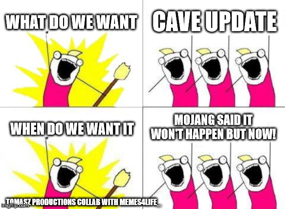 What Do We Want Meme | WHAT DO WE WANT; CAVE UPDATE; MOJANG SAID IT WON'T HAPPEN BUT NOW! WHEN DO WE WANT IT; TOMASZ PRODUCTIONS COLLAB WITH MEMES4LIFE_ | image tagged in memes,what do we want | made w/ Imgflip meme maker