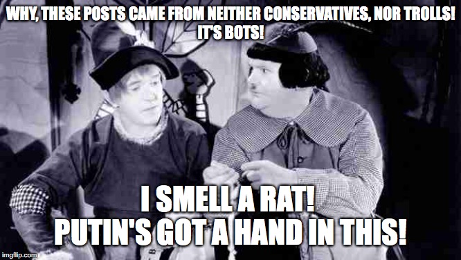 Putin's got a hand in this! | WHY, THESE POSTS CAME FROM NEITHER CONSERVATIVES, NOR TROLLS!
IT'S BOTS! I SMELL A RAT! 
PUTIN'S GOT A HAND IN THIS! | image tagged in laurel and hardy,putin,rat,trolls,bots,liberal vs conservative | made w/ Imgflip meme maker