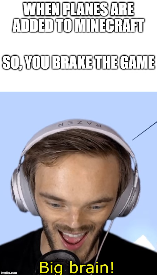 Pewdiepie big brain | WHEN PLANES ARE ADDED TO MINECRAFT; SO, YOU BRAKE THE GAME | image tagged in pewdiepie big brain | made w/ Imgflip meme maker
