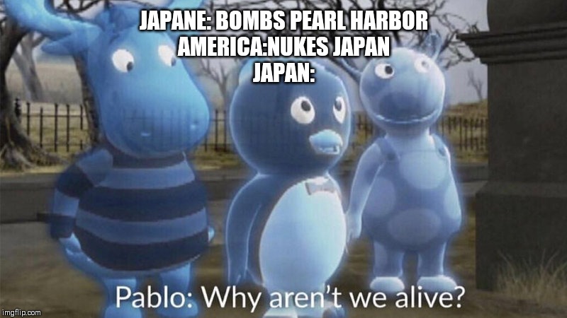 Pablo why aren't we alive? | JAPANE: BOMBS PEARL HARBOR
AMERICA:NUKES JAPAN
JAPAN: | image tagged in pablo why aren't we alive | made w/ Imgflip meme maker