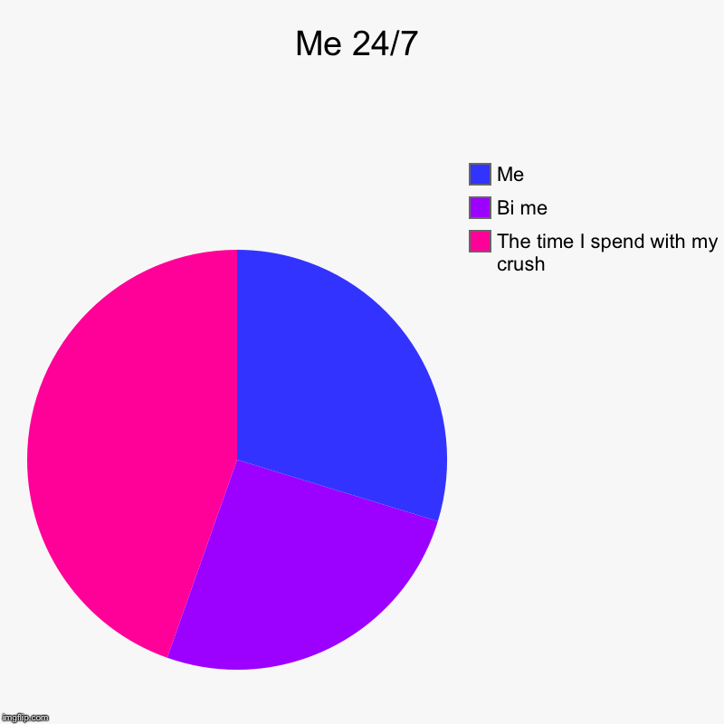 Me 24/7 | The time I spend with my crush, Bi me, Me | image tagged in charts,pie charts | made w/ Imgflip chart maker