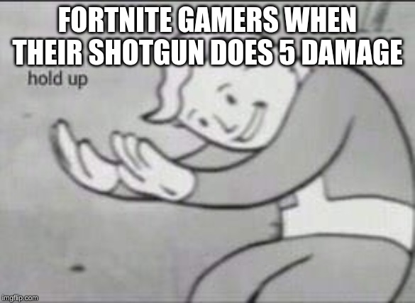 Fallout Hold Up | FORTNITE GAMERS WHEN THEIR SHOTGUN DOES 5 DAMAGE | image tagged in fallout hold up | made w/ Imgflip meme maker