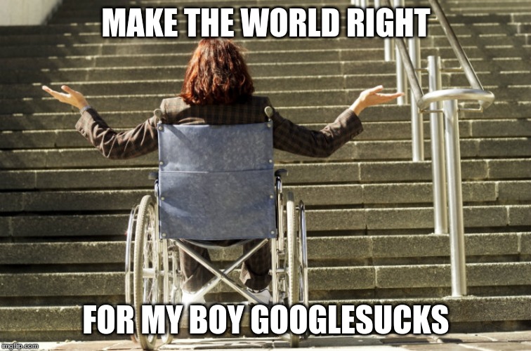 wheelchair stairs | MAKE THE WORLD RIGHT; FOR MY BOY GOOGLESUCKS | image tagged in wheelchair stairs | made w/ Imgflip meme maker