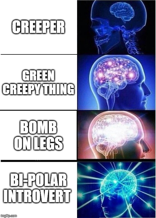 Expanding Brain Meme | CREEPER; GREEN CREEPY THING; BOMB ON LEGS; BI-POLAR INTROVERT | image tagged in memes,expanding brain | made w/ Imgflip meme maker