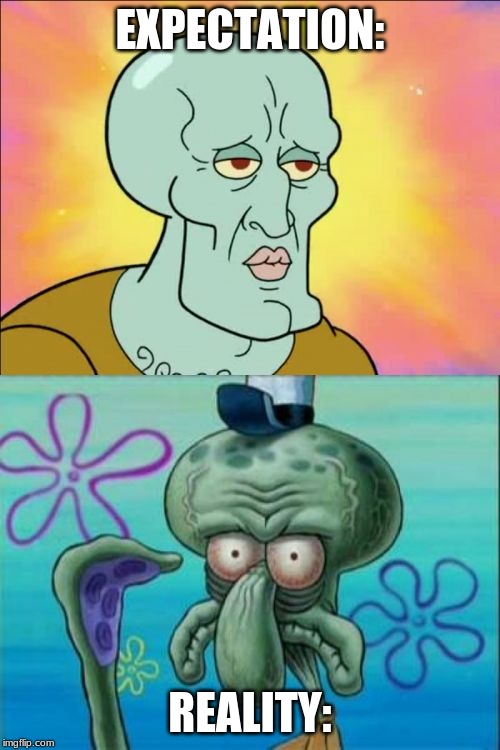 Expectation vs Reality | EXPECTATION:; REALITY: | image tagged in memes,squidward,expectation vs reality,funny | made w/ Imgflip meme maker