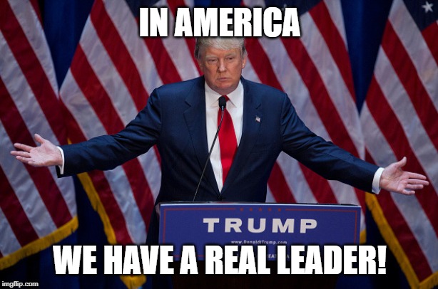 Donald Trump | IN AMERICA WE HAVE A REAL LEADER! | image tagged in donald trump | made w/ Imgflip meme maker