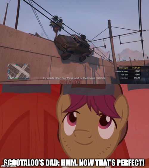 SCOOTALOO’S DAD: HMM. NOW THAT’S PERFECT! | image tagged in gta online hvy pickup truck got stuck,mlp fim,stuck,truck,gta online | made w/ Imgflip meme maker