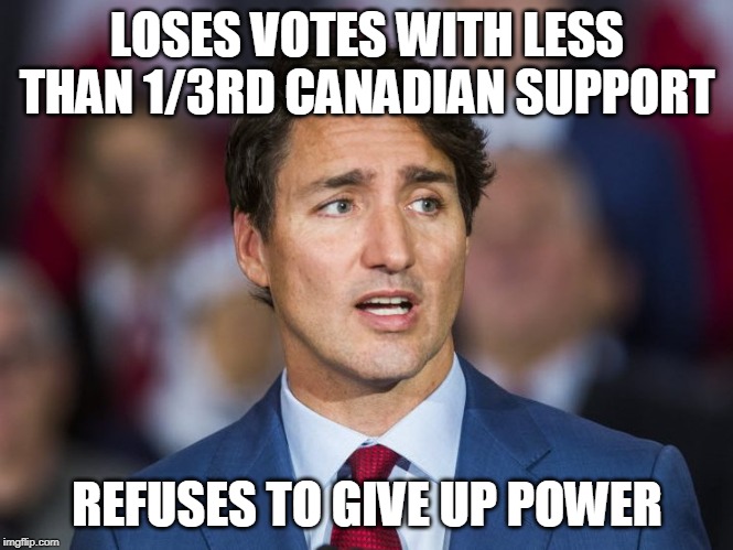 LOSES VOTES WITH LESS THAN 1/3RD CANADIAN SUPPORT; REFUSES TO GIVE UP POWER | image tagged in justin trudeau,canada | made w/ Imgflip meme maker