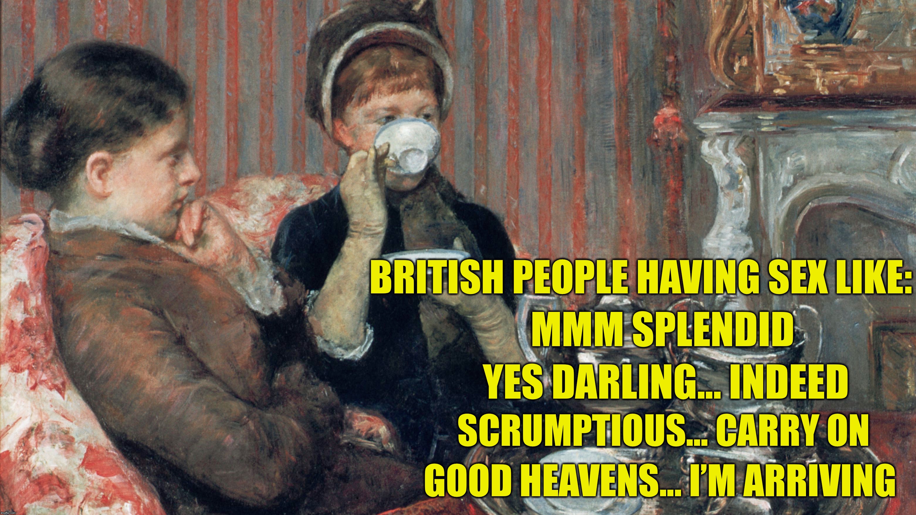British people having sex like | BRITISH PEOPLE HAVING SEX LIKE:; MMM SPLENDID; YES DARLING... INDEED; SCRUMPTIOUS... CARRY ON; GOOD HEAVENS... I’M ARRIVING | image tagged in british,sex | made w/ Imgflip meme maker