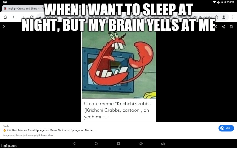 Yelling Mr. Krabs |  WHEN I WANT TO SLEEP AT NIGHT, BUT MY BRAIN YELLS AT ME | image tagged in yelling mr krabs | made w/ Imgflip meme maker