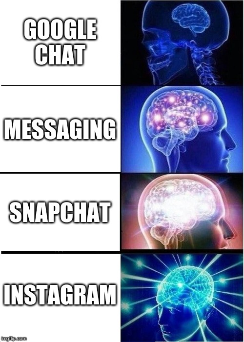 Expanding Brain | GOOGLE CHAT; MESSAGING; SNAPCHAT; INSTAGRAM | image tagged in memes,expanding brain | made w/ Imgflip meme maker