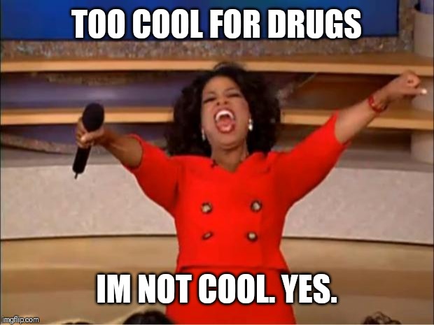 Oprah You Get A Meme | TOO COOL FOR DRUGS; IM NOT COOL. YES. | image tagged in memes,oprah you get a | made w/ Imgflip meme maker
