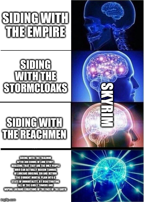 Expanding Brain | SIDING WITH THE EMPIRE; SIDING WITH THE STORMCLOAKS; SKYRIM; SIDING WITH THE REACHMEN; SIDING WITH THE THALMOR AFTER 300 HOURS OF LORE STUDY, REALIZING THAT THEY ARE THE ONLY PEOPLE WHO CAN ACTUALLY REDEEM TAMRIEL OF LORCANS ORIGINAL SIN AND RETURN THE CURRENT MORTAL PLAIN INTO A STATE OF IMMORTALITY, BY DEACTIVATING ALL OF THE GODLY TOWERS AND WIPING LOCRANS CREATIONS OF THE FACE OF THE EARTH | image tagged in memes,expanding brain | made w/ Imgflip meme maker