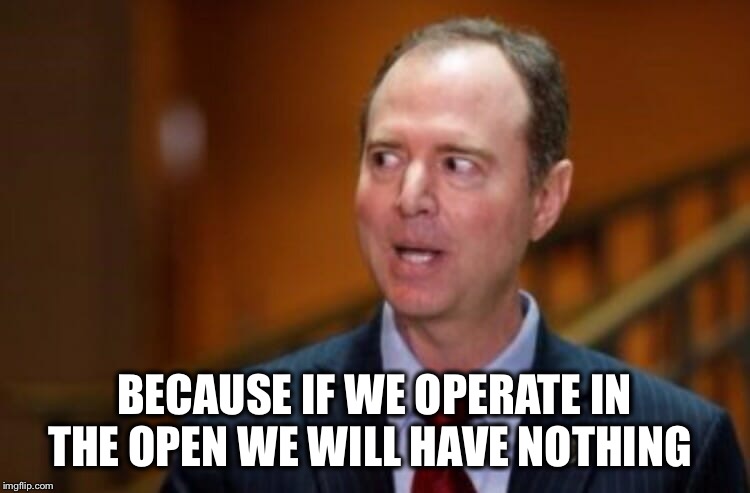 Adam Schiff | BECAUSE IF WE OPERATE IN THE OPEN WE WILL HAVE NOTHING | image tagged in adam schiff | made w/ Imgflip meme maker