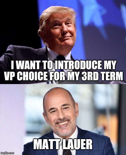Two pervs in a pod | I WANT TO INTRODUCE MY VP CHOICE FOR MY 3RD TERM; MATT LAUER | image tagged in donald trump no2,matt lauer perv | made w/ Imgflip meme maker