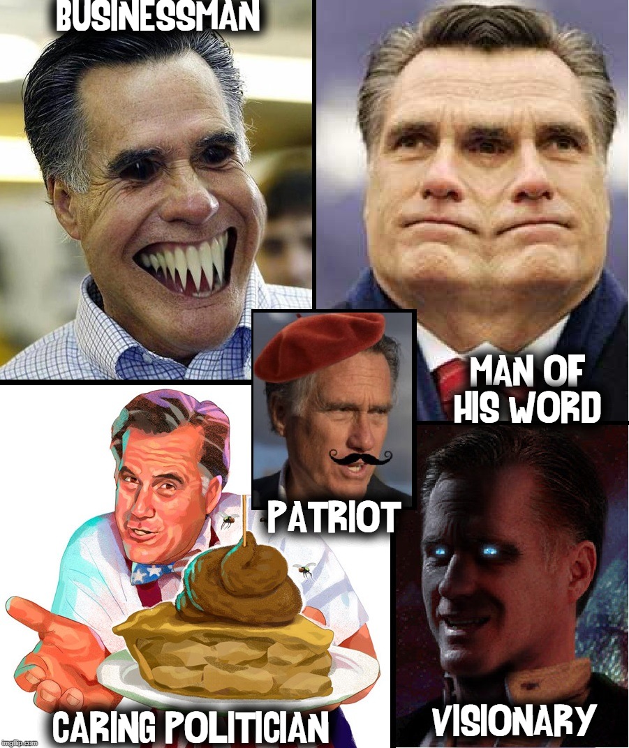 The All Too Many Faces of Mitt Romney | BUSINESSMAN; MAN OF HIS WORD; PATRIOT; CARING POLITICIAN; VISIONARY | image tagged in vince vance,mitt romney,peirre delecto,troll,rino,two-faced lying politician | made w/ Imgflip meme maker