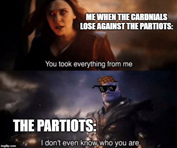 You took everything from me - I don't even know who you are | ME WHEN THE CARDNIALS LOSE AGAINST THE PARTIOTS:; THE PARTIOTS: | image tagged in you took everything from me - i don't even know who you are | made w/ Imgflip meme maker