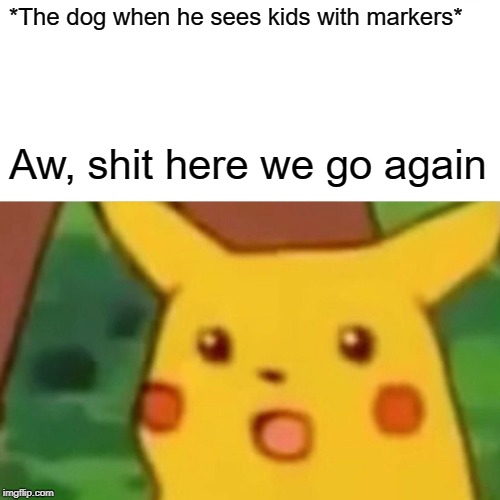 Surprised Pikachu Meme | *The dog when he sees kids with markers* Aw, shit here we go again | image tagged in memes,surprised pikachu | made w/ Imgflip meme maker