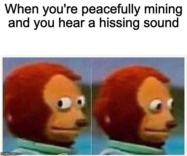 Monkey Puppet Meme | When you're peacefully mining and you hear a hissing sound | image tagged in monkey puppet | made w/ Imgflip meme maker