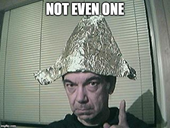 tin foil hat | NOT EVEN ONE | image tagged in tin foil hat | made w/ Imgflip meme maker