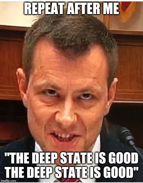 Peter Strzok | REPEAT AFTER ME "THE DEEP STATE IS GOOD
THE DEEP STATE IS GOOD" | image tagged in peter strzok | made w/ Imgflip meme maker