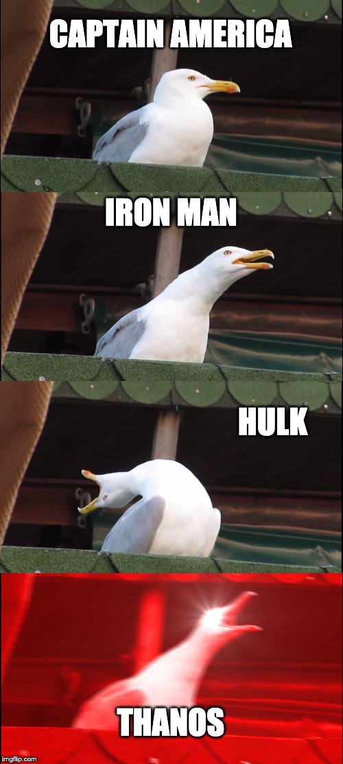 Inhaling Seagull | CAPTAIN AMERICA; IRON MAN; HULK; THANOS | image tagged in memes,inhaling seagull | made w/ Imgflip meme maker