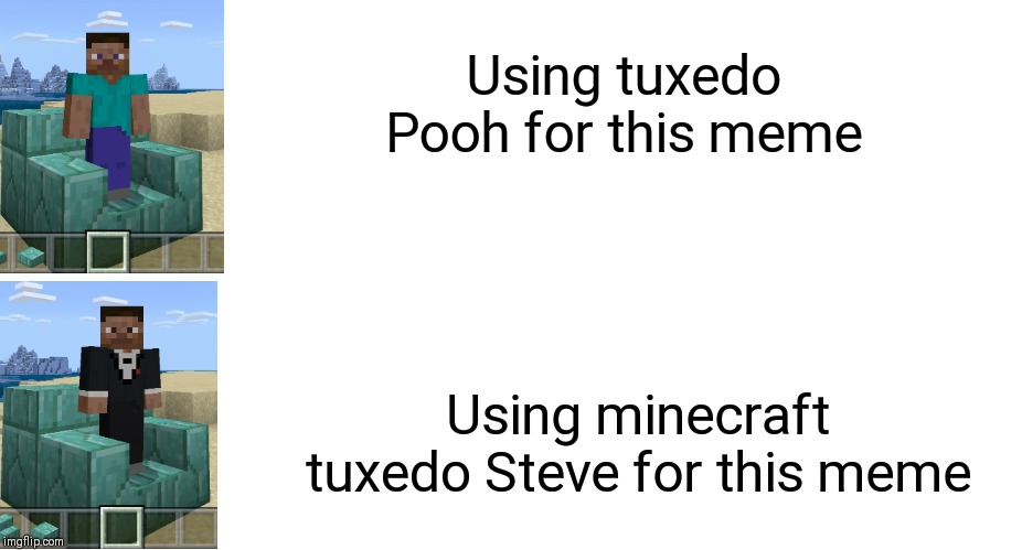 Tuxedo Steve | Using tuxedo Pooh for this meme; Using minecraft tuxedo Steve for this meme | image tagged in minecraft,tuxedo winnie the pooh,steve,tuxedo | made w/ Imgflip meme maker