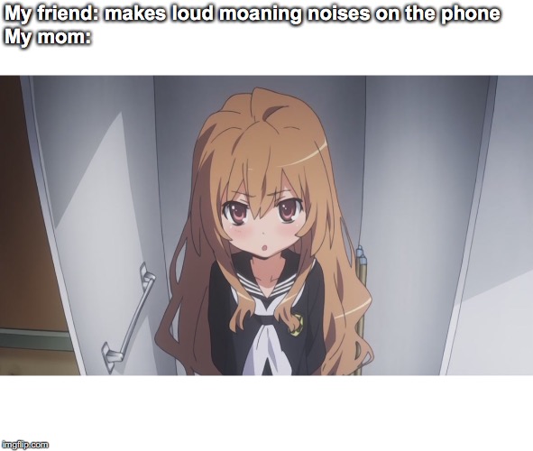 Taiga Tsundere | My friend: makes loud moaning noises on the phone

My mom: | image tagged in taiga tsundere | made w/ Imgflip meme maker