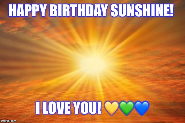 sunshine | HAPPY BIRTHDAY SUNSHINE! I LOVE YOU! 💛💚💙 | image tagged in sunshine | made w/ Imgflip meme maker