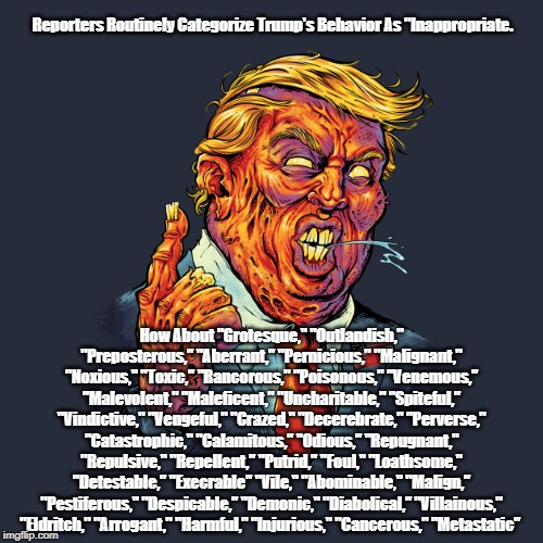 Reporters Routinely Categorize Trump's Behavior As "Inappropriate. How About "Grotesque," "Outlandish," "Preposterous," "Aberrant," "Pernici | made w/ Imgflip meme maker